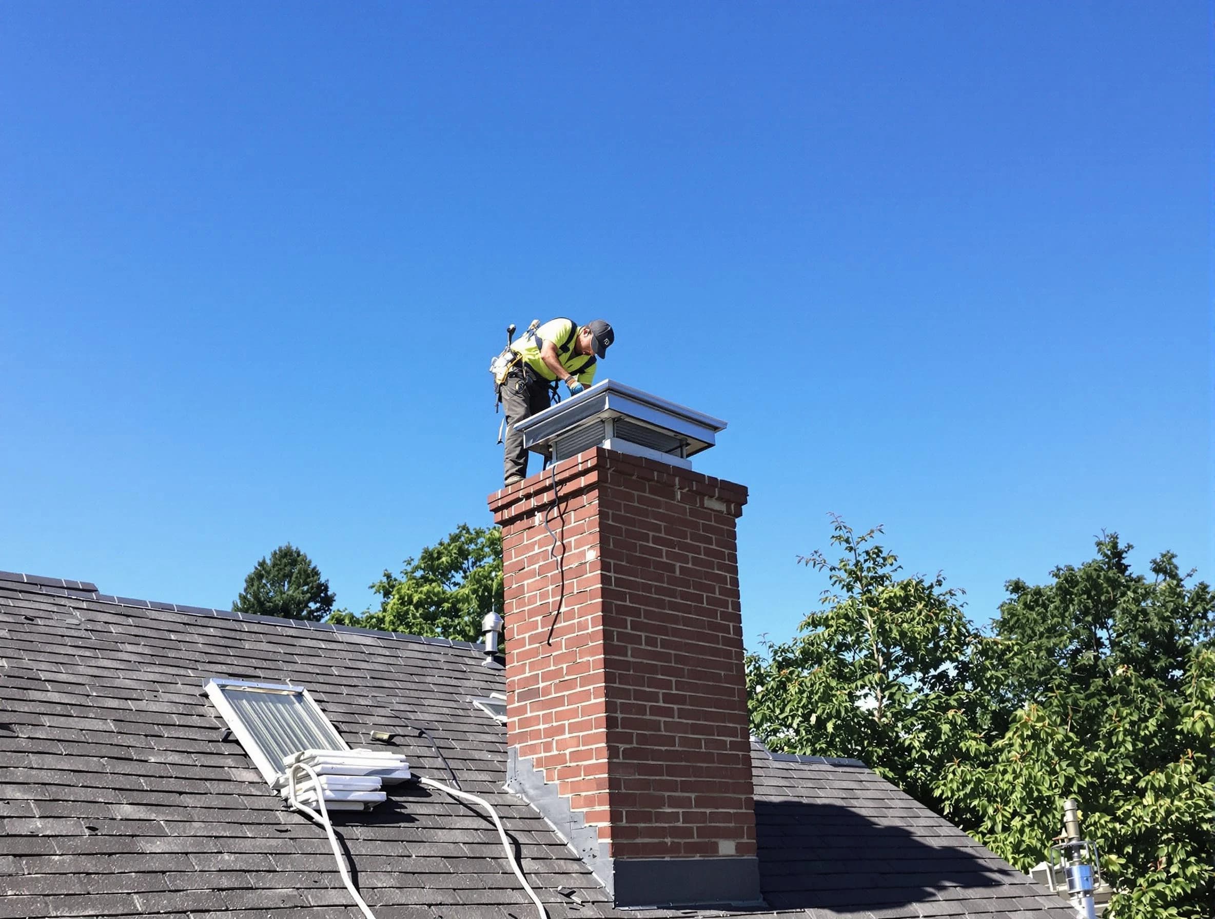 Fairview Chimney Sweep technician measuring a chimney cap in Fairview, TN